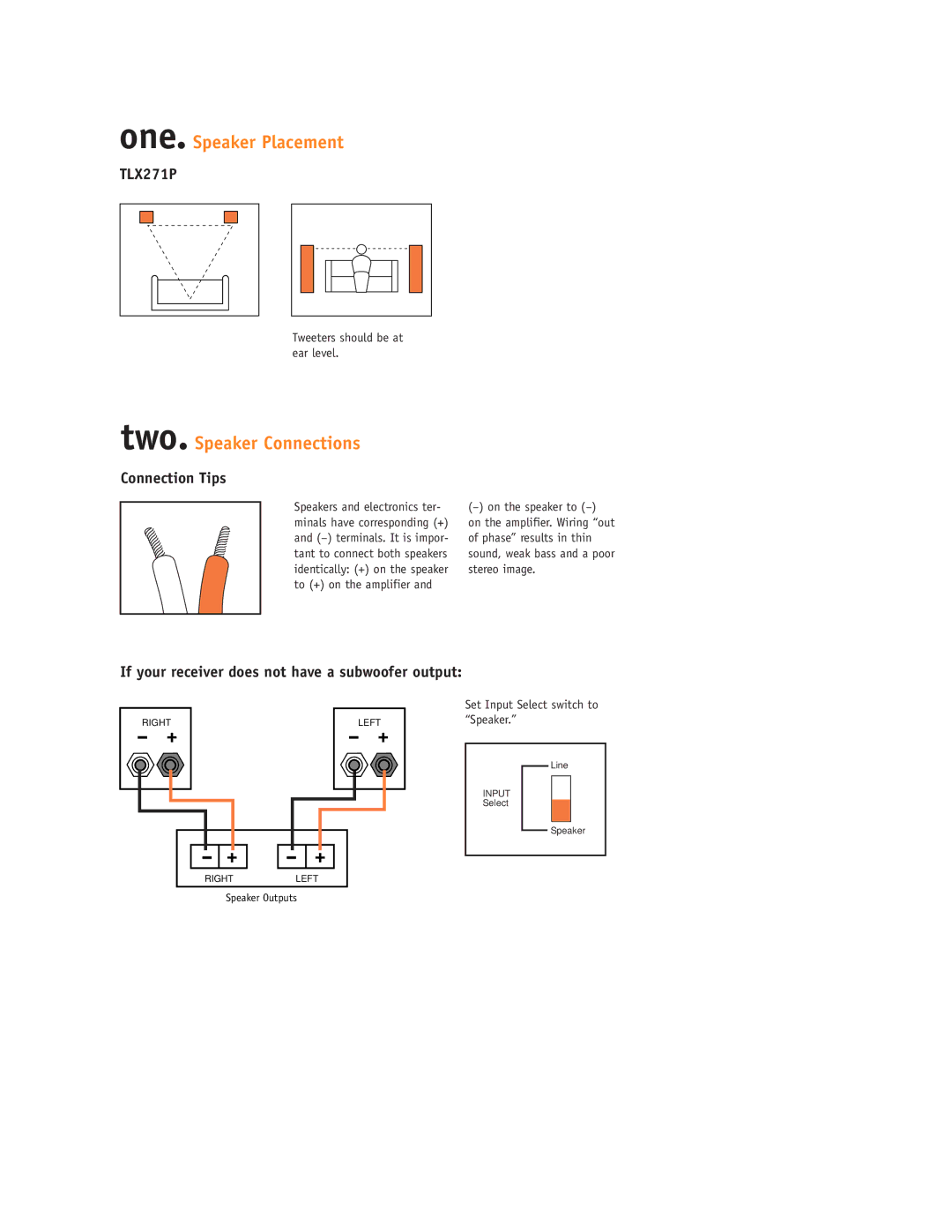 JBL TLX271P setup guide One. Speaker Placement, Two. Speaker Connections, Connection Tips 