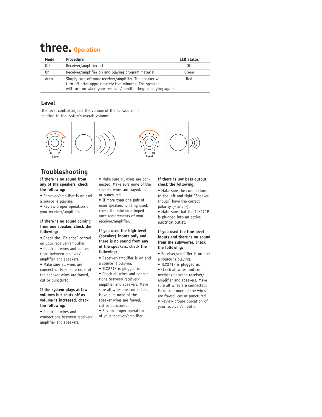 JBL TLX271P setup guide Troubleshooting, Three. Operation, Mode Procedure 