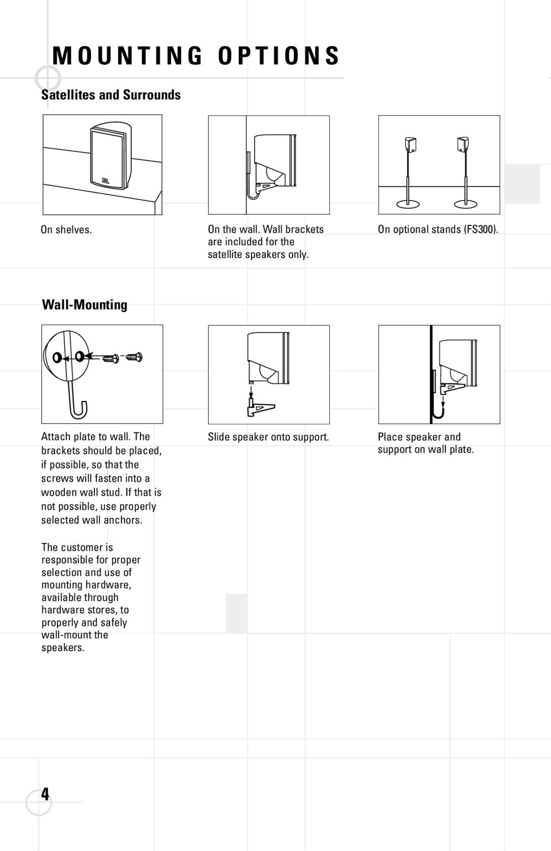 JBL TRIO135 manual U N T I N G O P T I O N S, Satellites and Surrounds, Wall-Mounting, On shelves, On optional stands FS300 