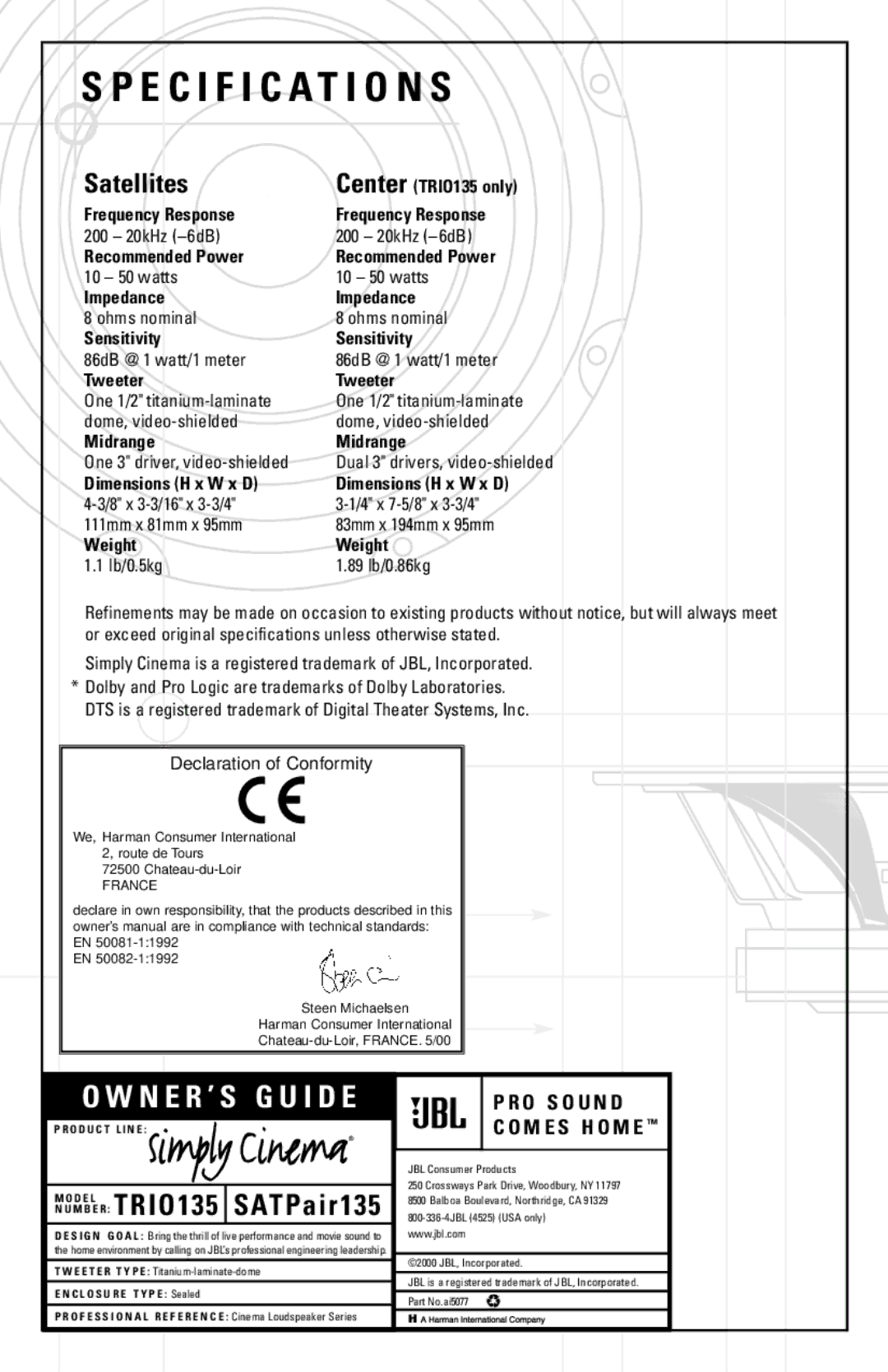 JBL TRIO135 manual Specification S, I O 13 AT P a i r 13 