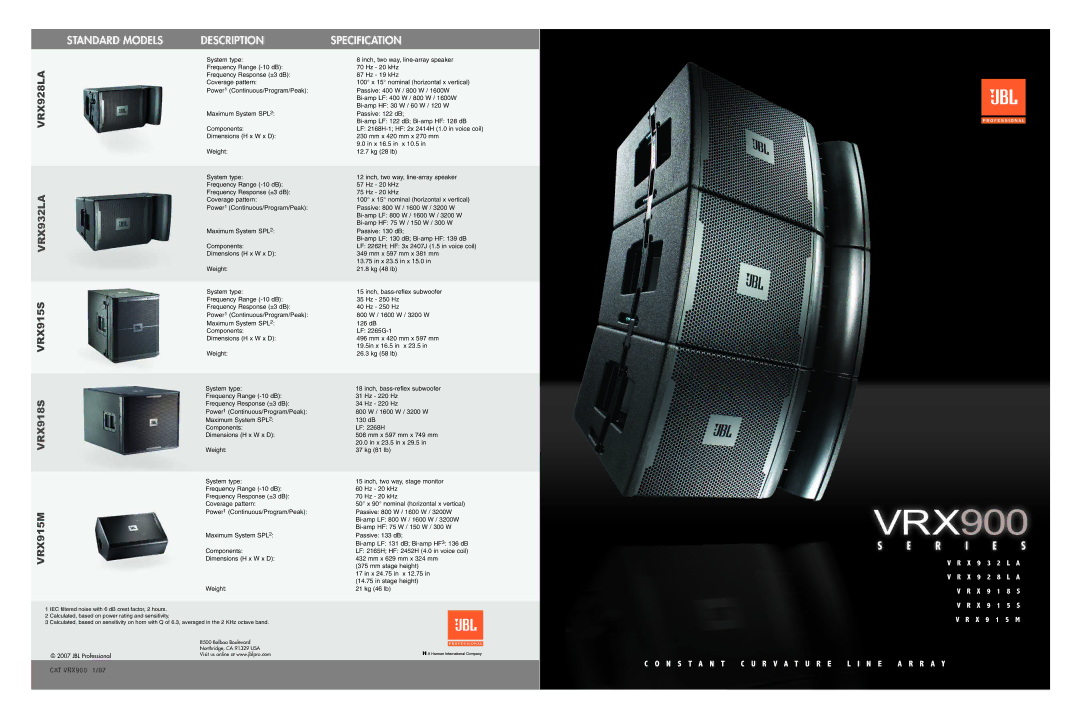 JBL V R X 9 2 8 L A, V R X 9 1 5 M, V R X 9 1 5 S brochure Standard Models Description, Specification 