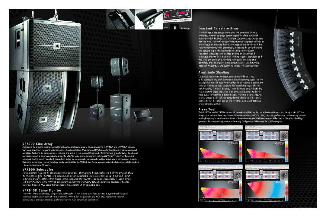 JBL V R X 9 1 5 S VRX900 Line Array, VRX900 Subwoofer, VRX915M Stage Monitor, Constant Curvature Array, Amplitude Shading 