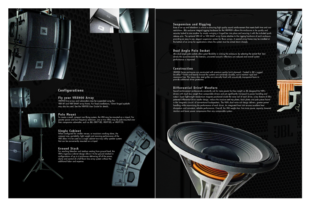 JBL V R X 9 1 5 M Fly your VRX900 Array, Pole Mount, Single Cabinet, Ground Stack, Suspension and Rigging, Construction 