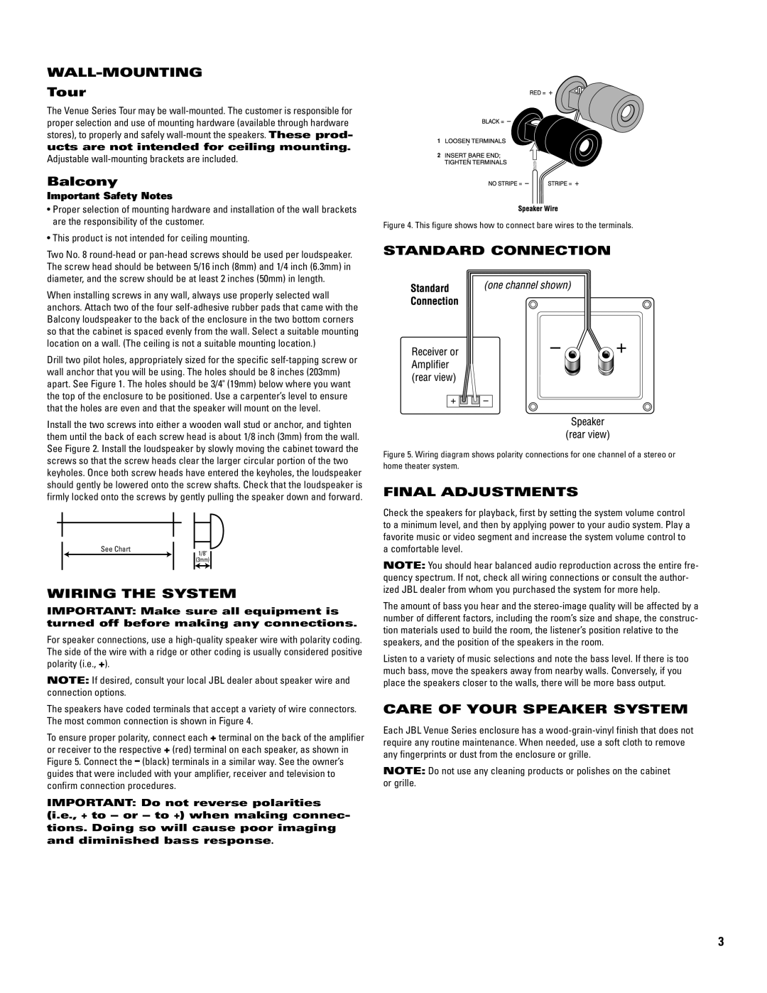 JBL Venue Series Wall-Mounting, Wiring the System, Standard Connection, Final Adjustments, Care of Your Speaker System 