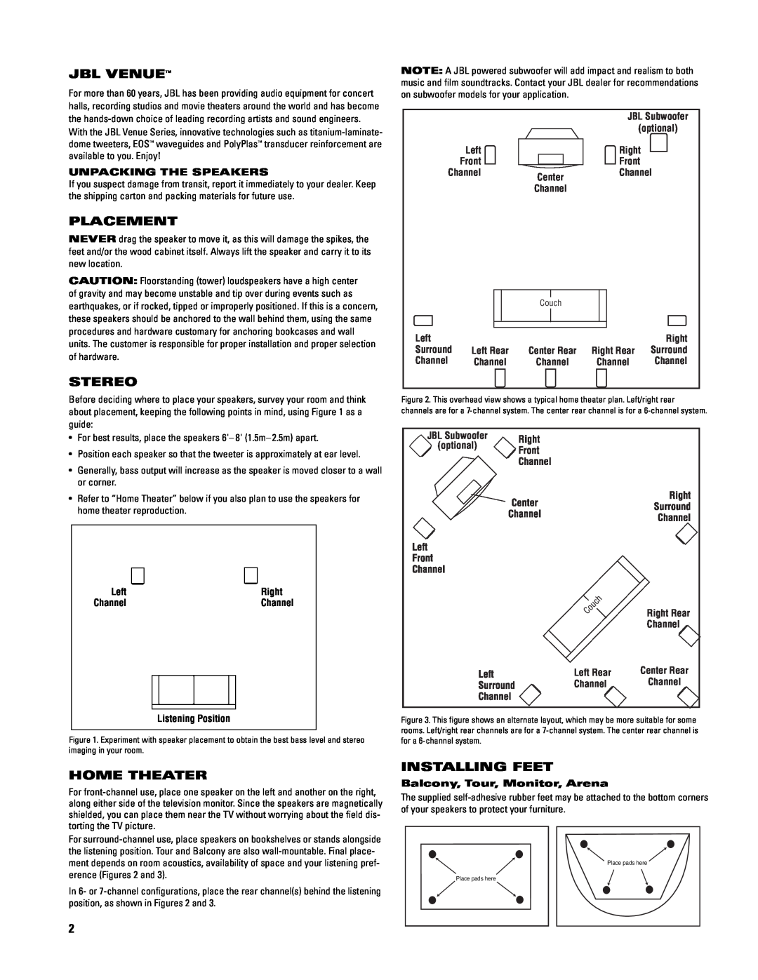 JBL Venue Series manual Jbl Venue, Placement, Stereo, Home Theater, Installing Feet 