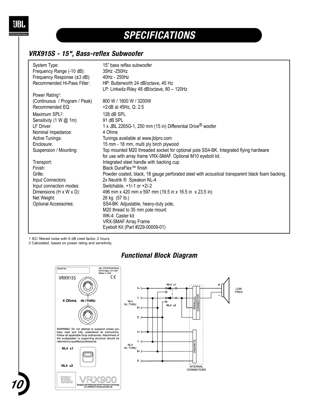 JBL VRX900 manual VRX915S 15, Bass-reflex Subwoofer 