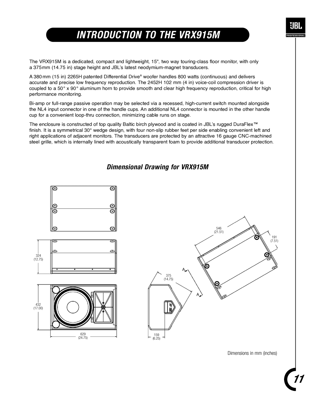 JBL VRX900 manual Introduction to the VRX915M, Dimensional Drawing for VRX915M 