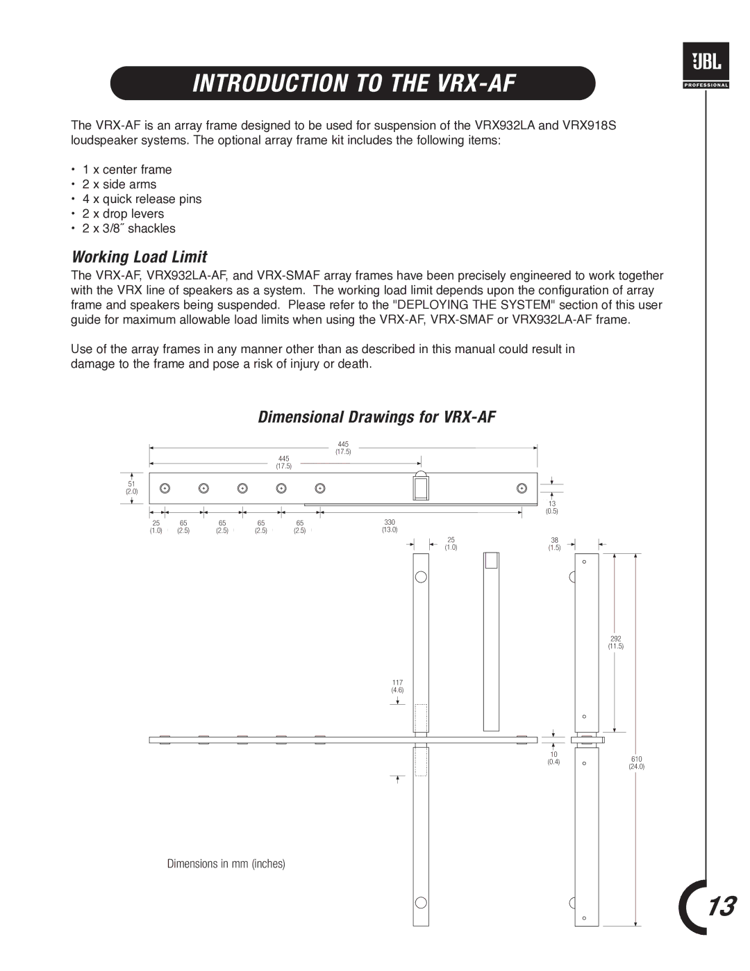 JBL VRX900 manual Introduction to the VRX-AF, Working Load Limit, Dimensional Drawings for VRX-AF 