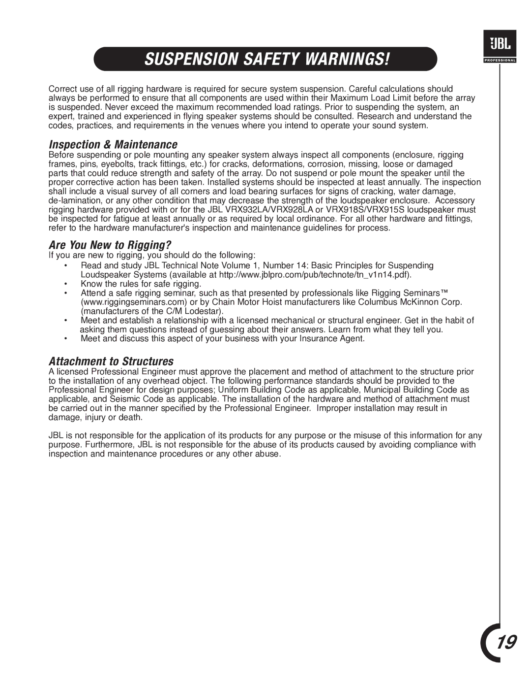 JBL VRX900 manual Suspension Safety Warnings, Inspection & Maintenance, Are You New to Rigging?, Attachment to Structures 