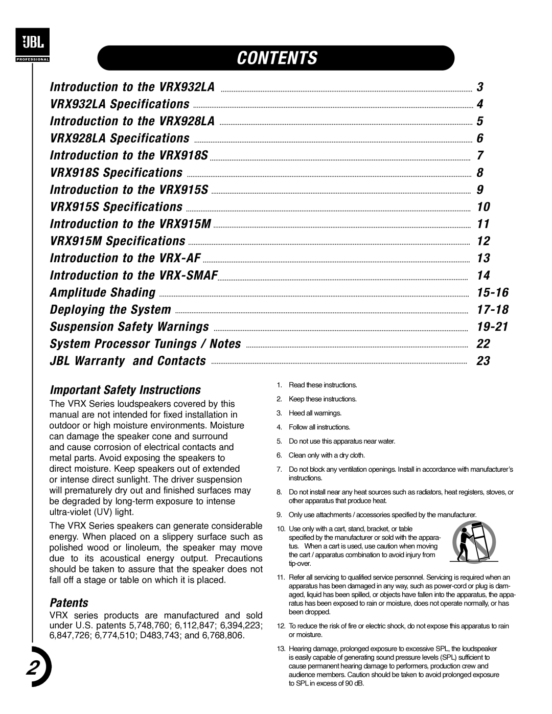 JBL VRX900 manual Contents 