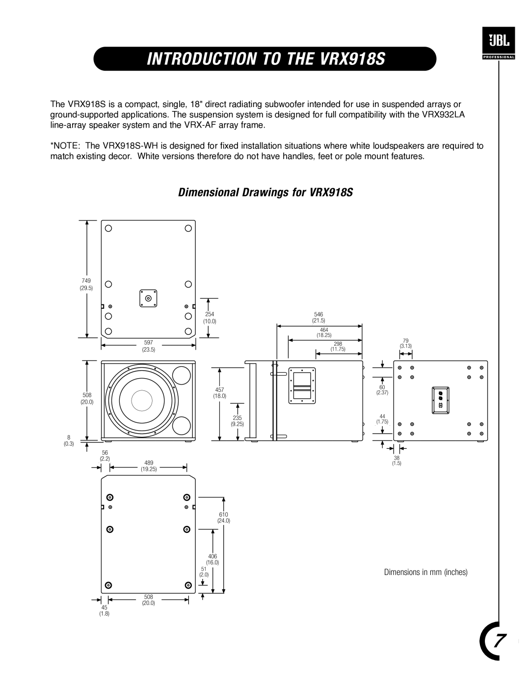 JBL VRX900 manual Introduction to the VRX918S, Dimensional Drawings for VRX918S 