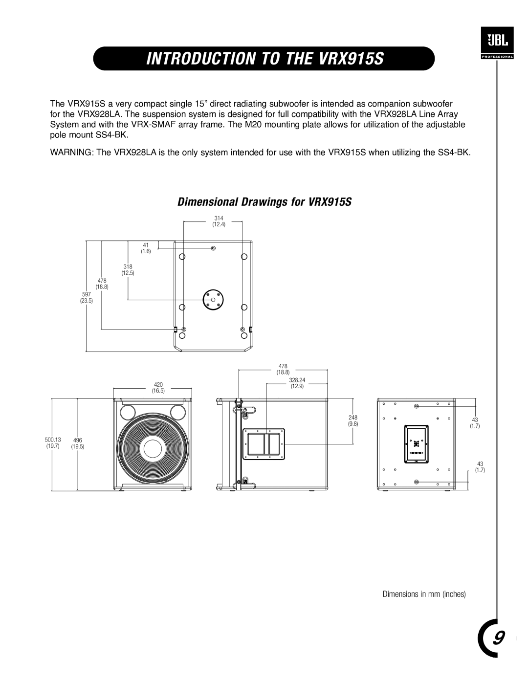 JBL VRX900 manual Introduction to the VRX915S, Dimensional Drawings for VRX915S 