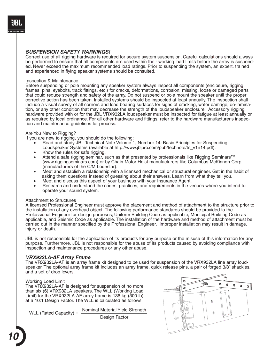 JBL manual Suspension Safety Warnings, VRX932LA-AF Array Frame 