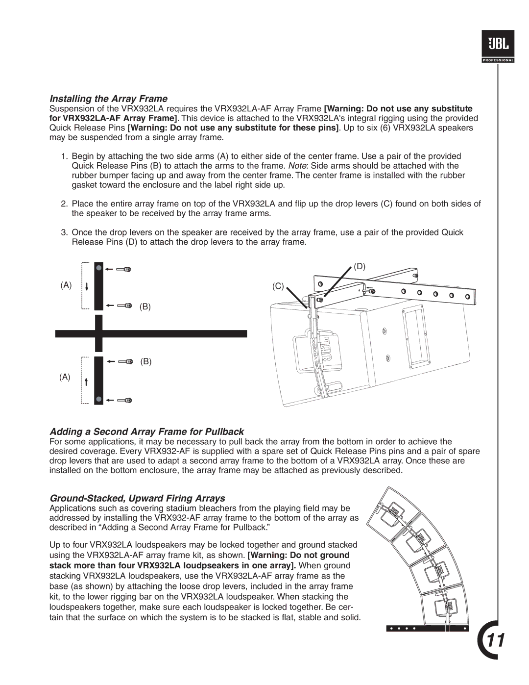 JBL VRX932LA Installing the Array Frame, Adding a Second Array Frame for Pullback, Ground-Stacked, Upward Firing Arrays 