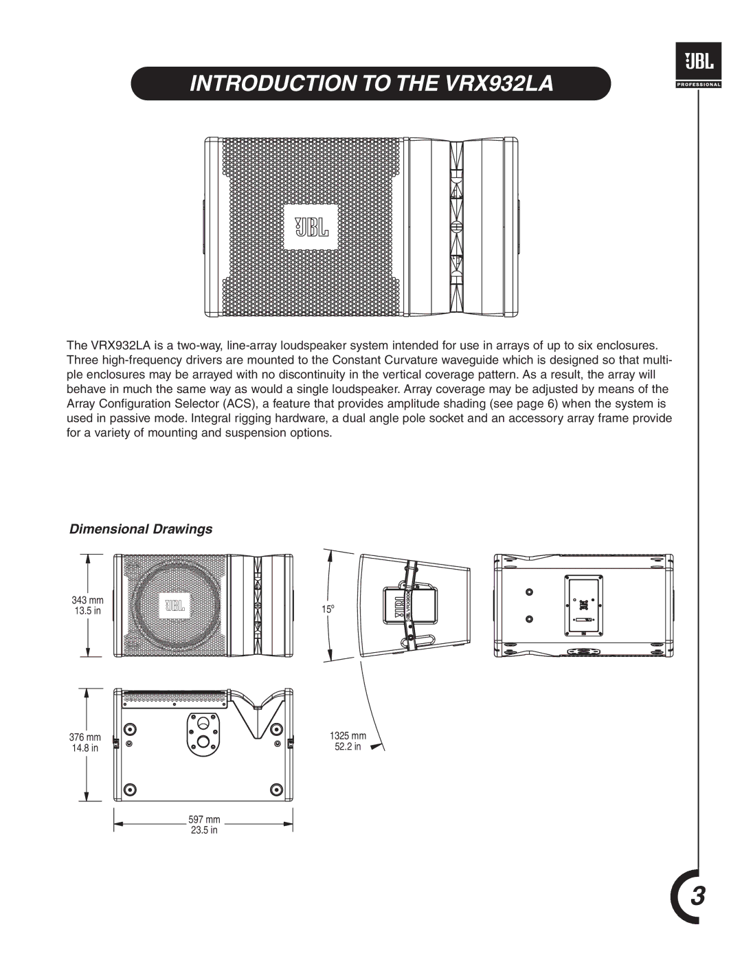 JBL manual Introduction to the VRX932LA, Dimensional Drawings 