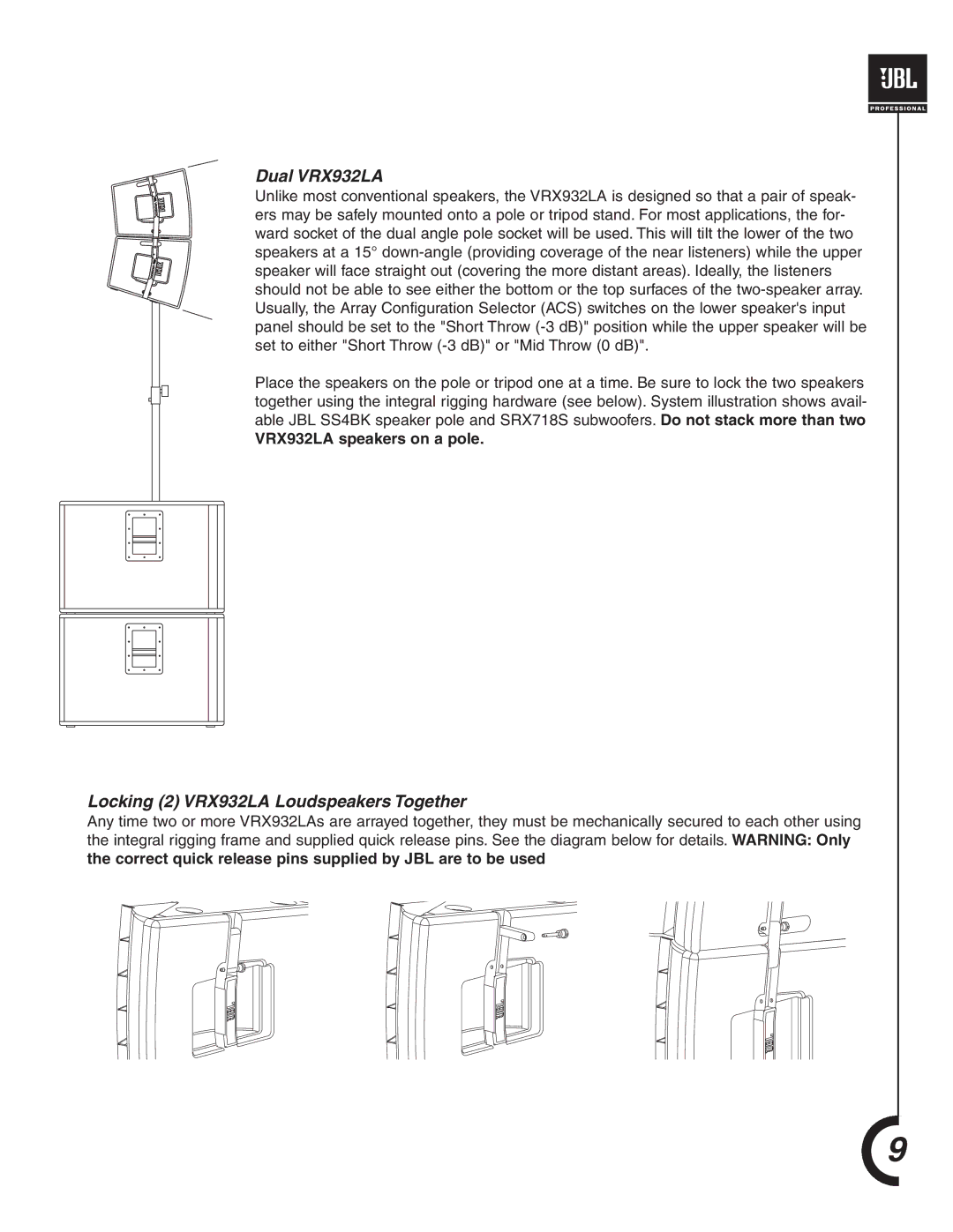 JBL manual Dual VRX932LA, Locking 2 VRX932LA Loudspeakers Together 