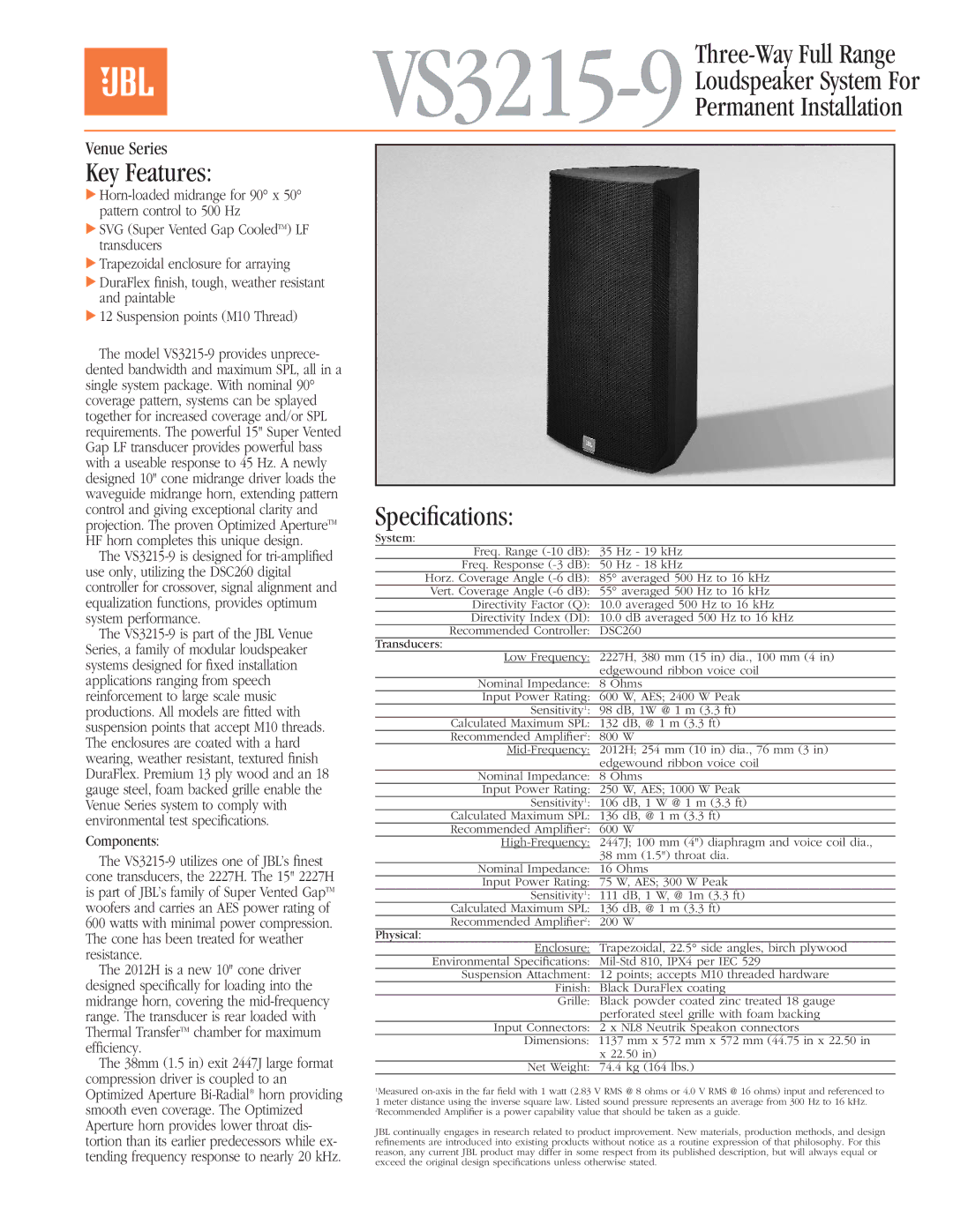 JBL VS3215-9 specifications Loudspeaker System For Permanent Installation, Key Features, Speciﬁcations 