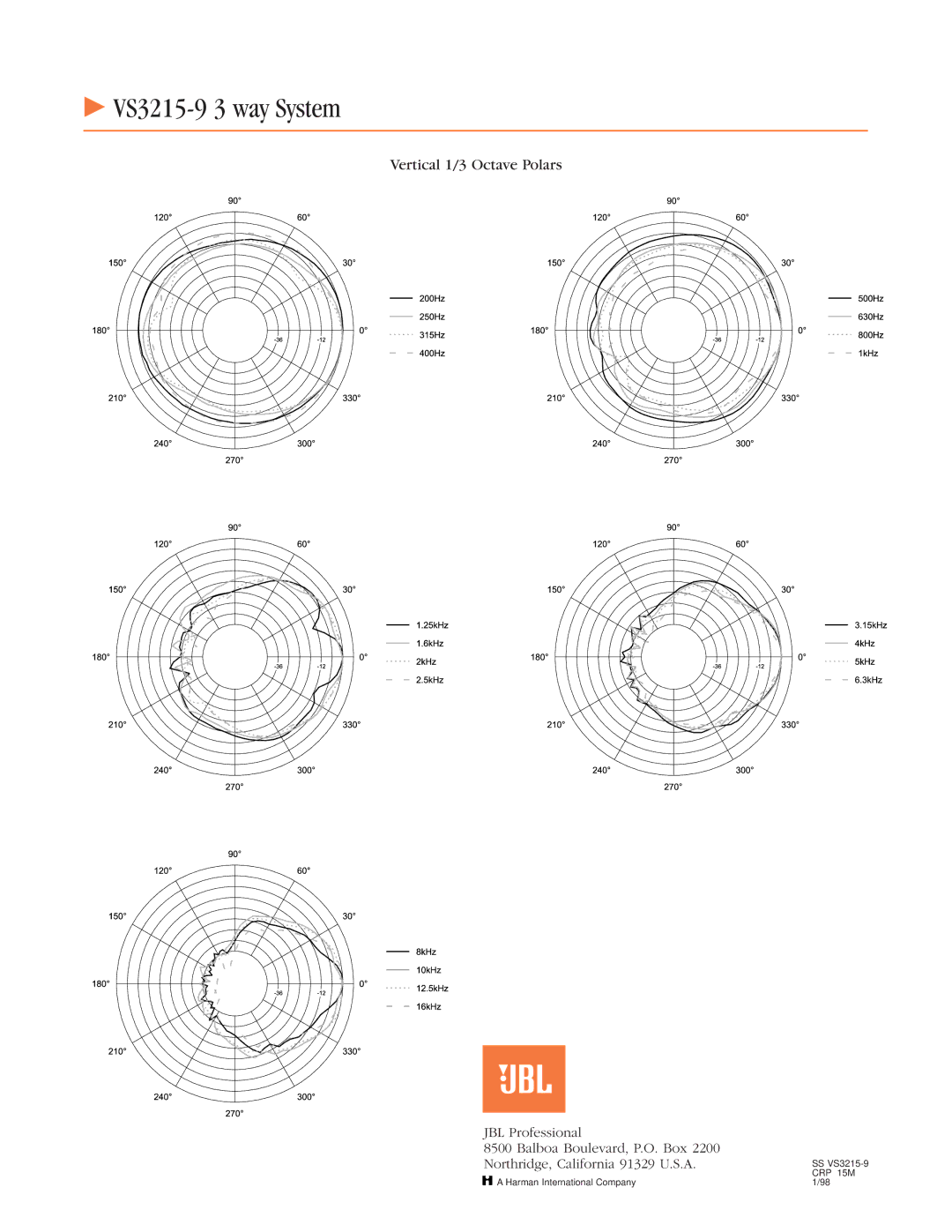 JBL VS3215-9 specifications Vertical 1/3 Octave Polars 