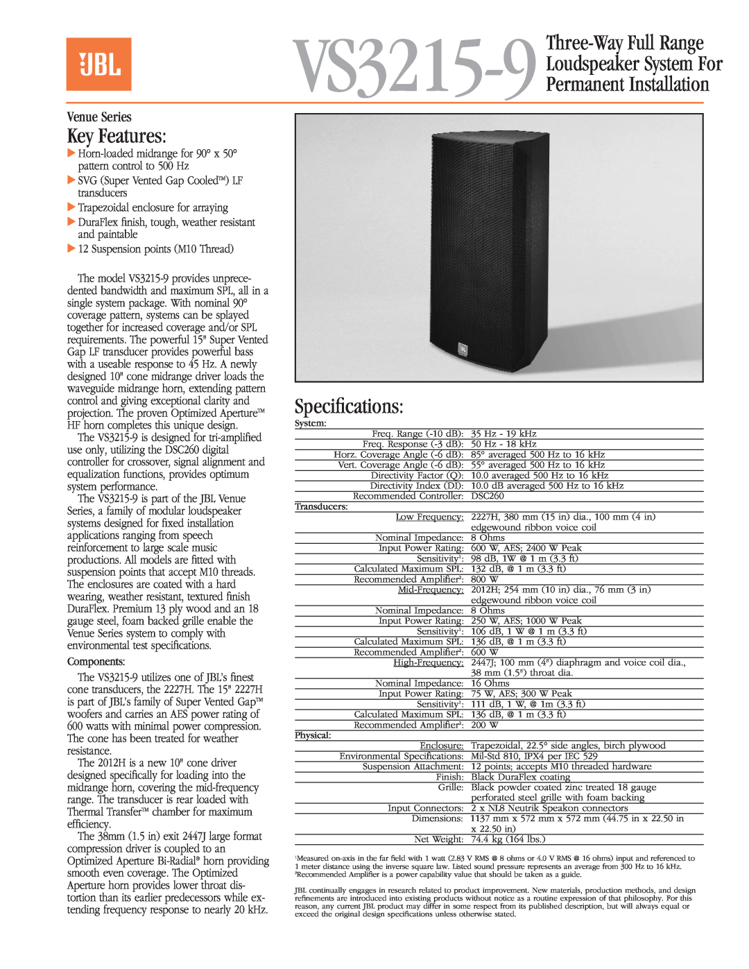 JBL VS3215-9 specifications Loudspeaker System For Permanent Installation, Key Features, Speciﬁcations, Venue Series 