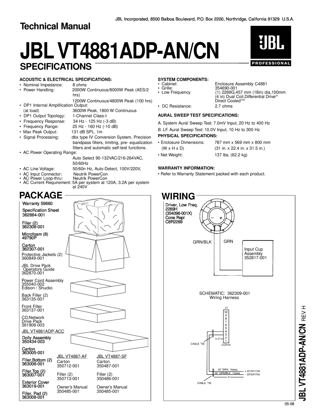 JBL technical manual Technical Manual, Specifications, Package, Wiring, JBL VT4881ADP-AN/CN REV H, System Components 