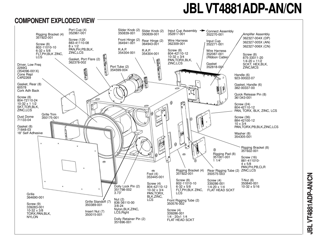 JBL technical manual Component Exploded View, JBL VT4881ADP-AN/CN 