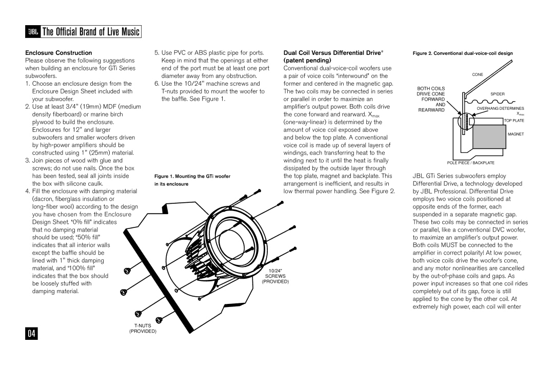 JBL W10GTi Enclosure Construction, Dual Coil Versus Differential Drive, Your subwoofer, Density fiberboard or marine birch 