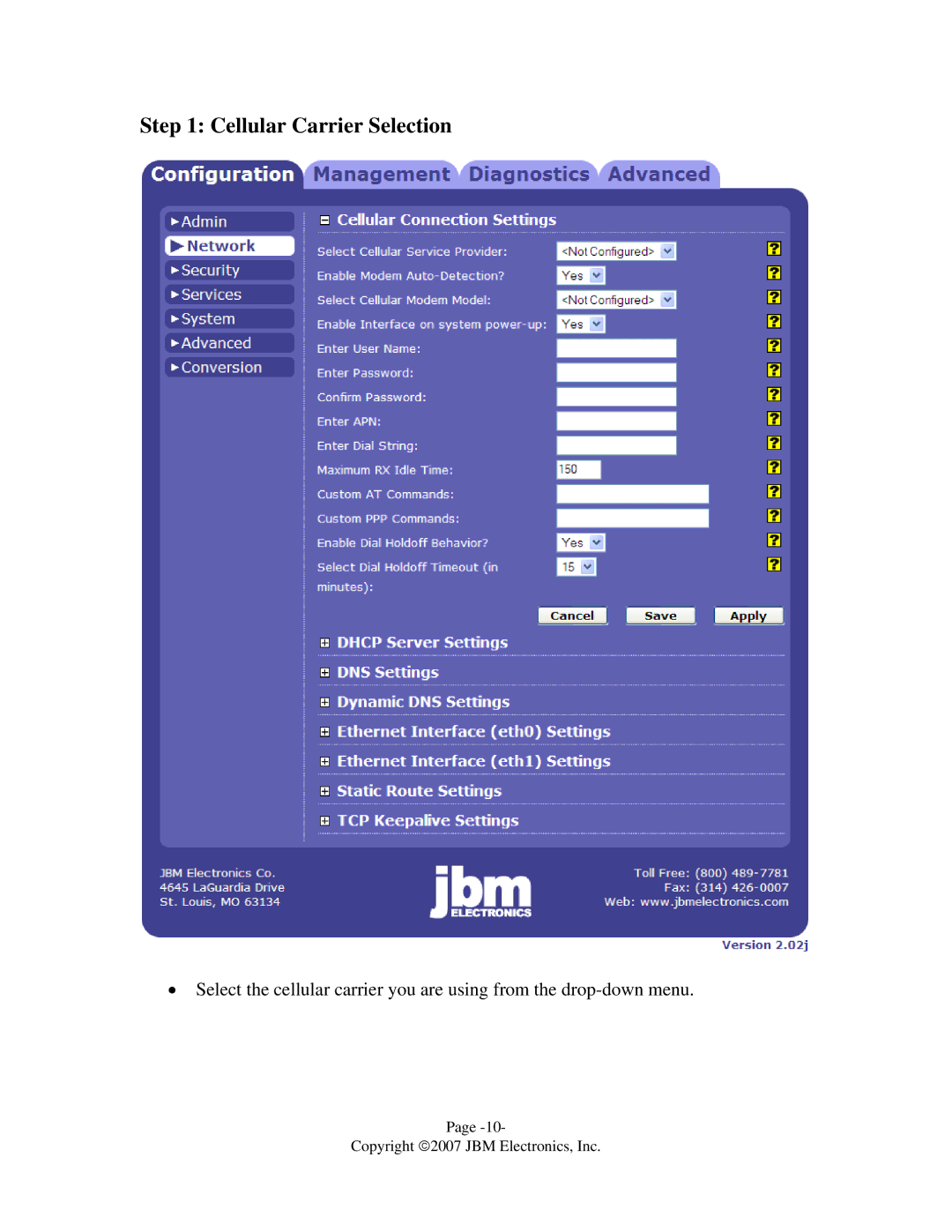 JBM electronic C-130 quick start Cellular Carrier Selection 