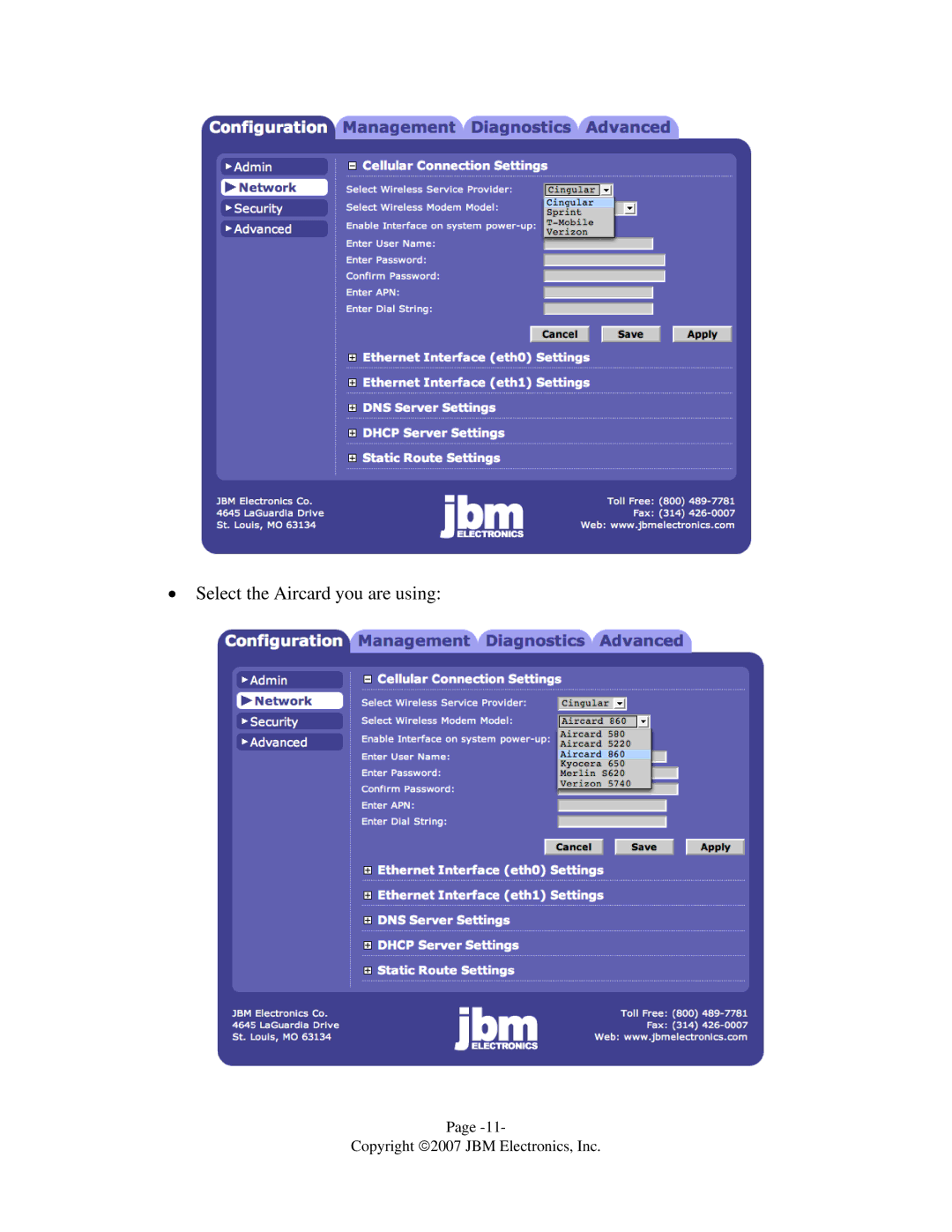 JBM electronic C-130 quick start Select the Aircard you are using 