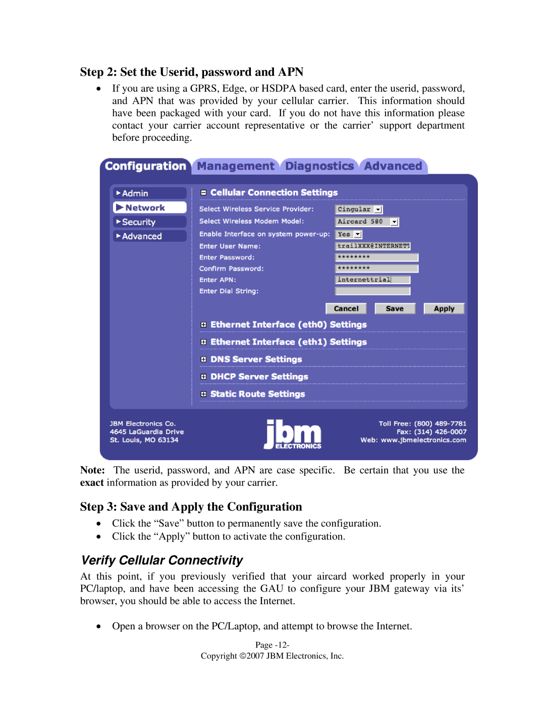 JBM electronic C-130 Set the Userid, password and APN, Save and Apply the Configuration, Verify Cellular Connectivity 