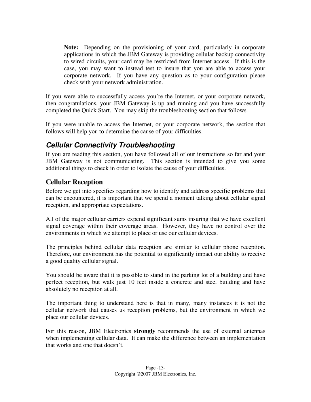 JBM electronic C-130 quick start Cellular Connectivity Troubleshooting, Cellular Reception 