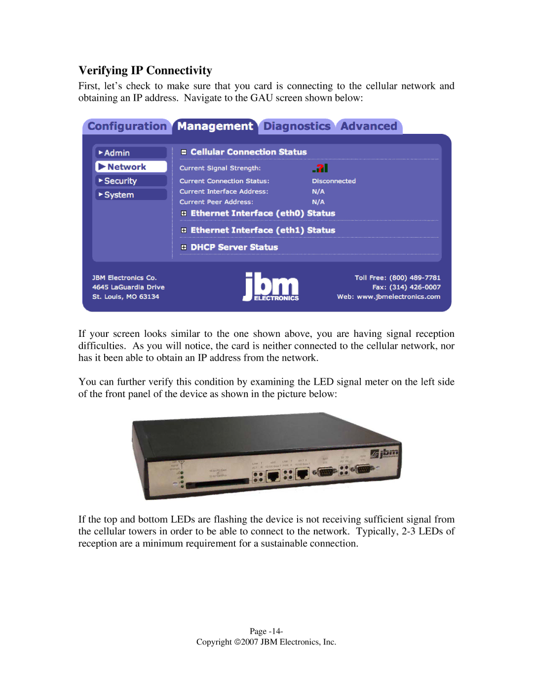 JBM electronic C-130 quick start Verifying IP Connectivity 