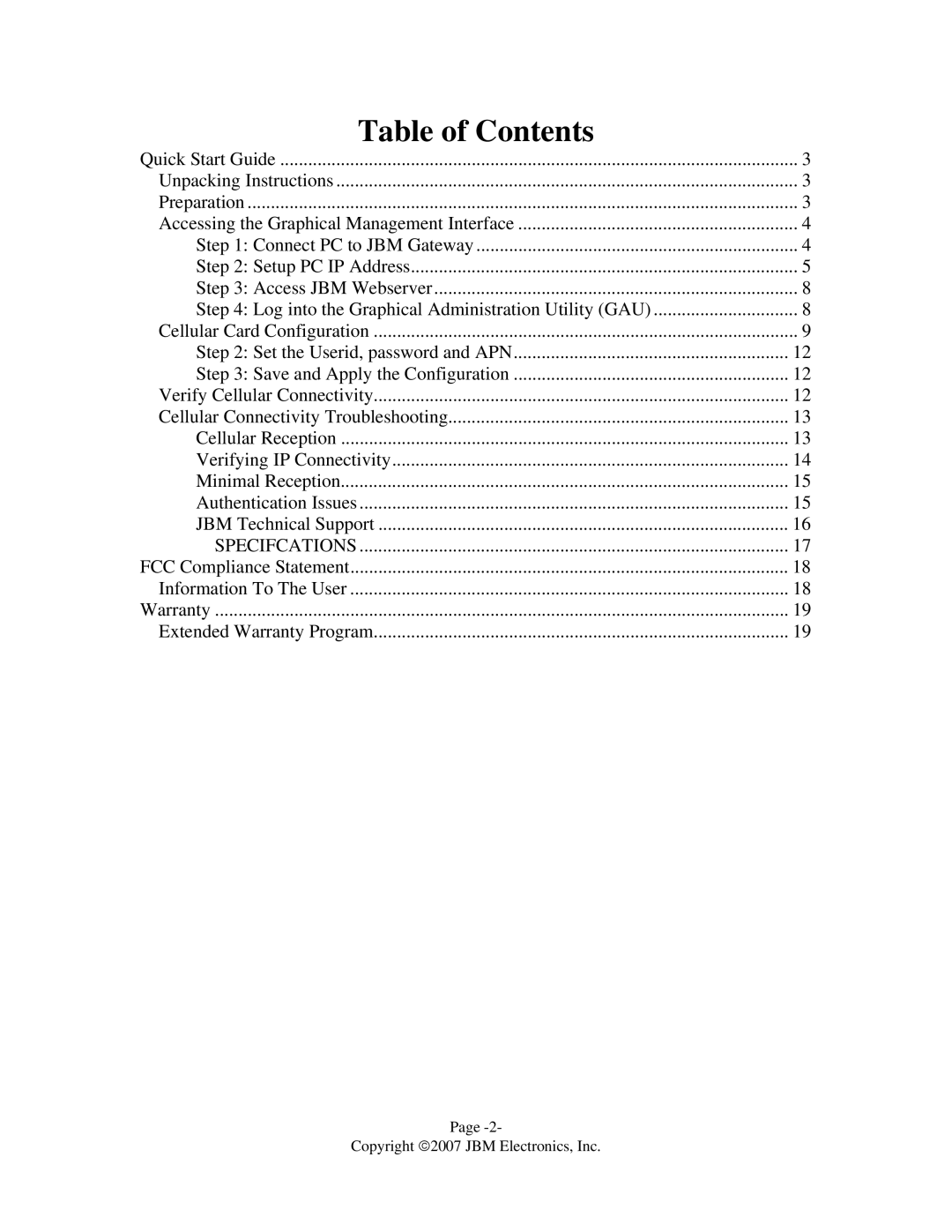 JBM electronic C-130 quick start Table of Contents 