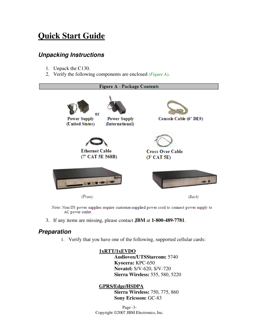 JBM electronic C-130 quick start Unpacking Instructions, Preparation 