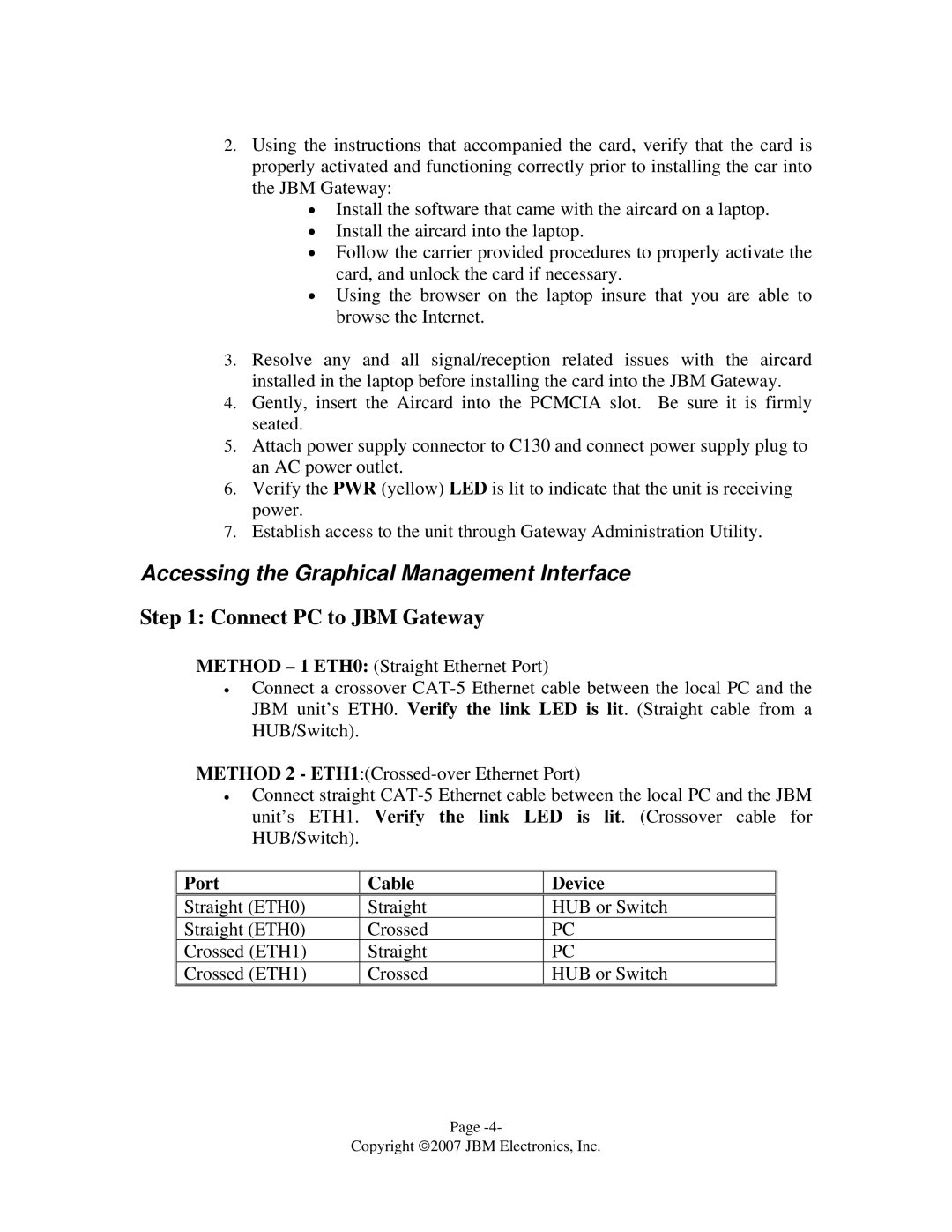 JBM electronic C-130 quick start Accessing the Graphical Management Interface, Connect PC to JBM Gateway 