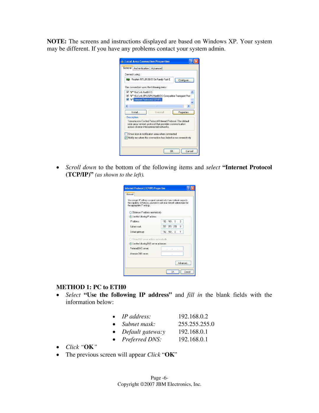 JBM electronic C-130 quick start Method 1 PC to ETH0 