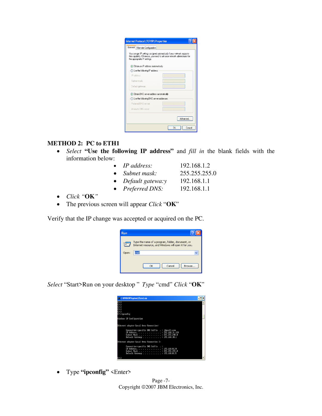 JBM electronic C-130 quick start Method 2 PC to ETH1 