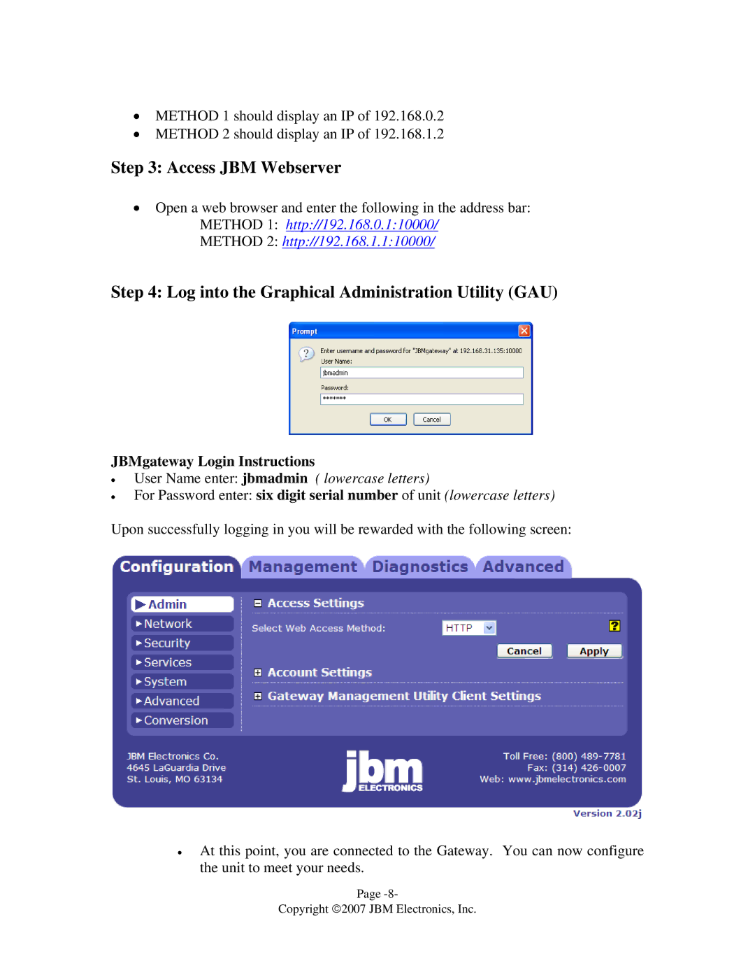 JBM electronic C-130 quick start Access JBM Webserver, Log into the Graphical Administration Utility GAU 