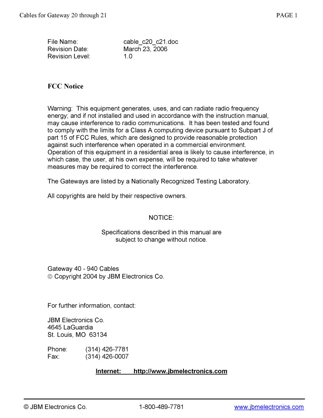 JBM electronic C20 through C21 manual FCC Notice 