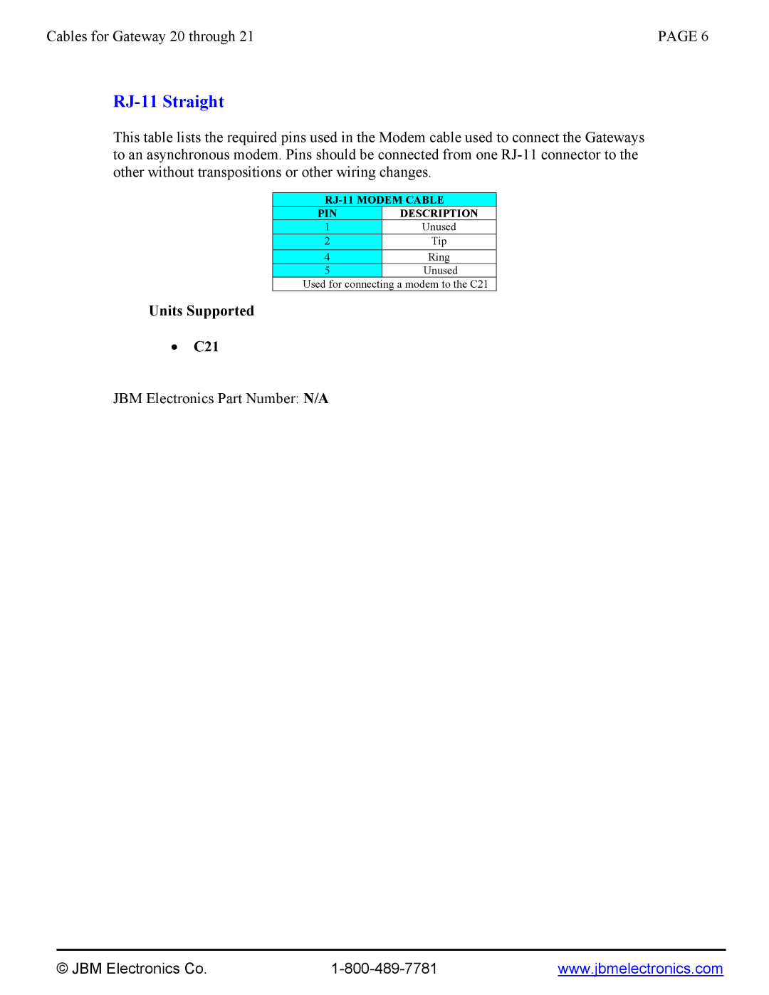 JBM electronic C20 through C21 manual RJ-11 Straight 