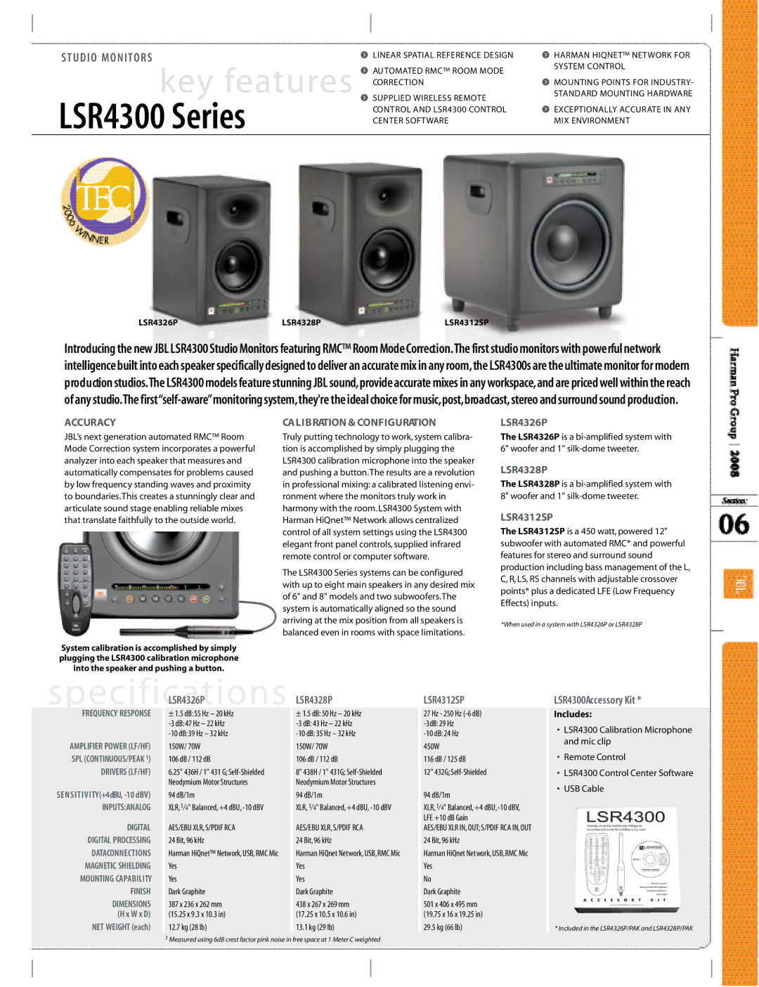 JBM electronic Studio Monitors manual LSR4300 Series, R 4 3 2 8 P R 4 3 1 2 S P LSR4300Accessory Kit, LSR4326P, LSR4328P 