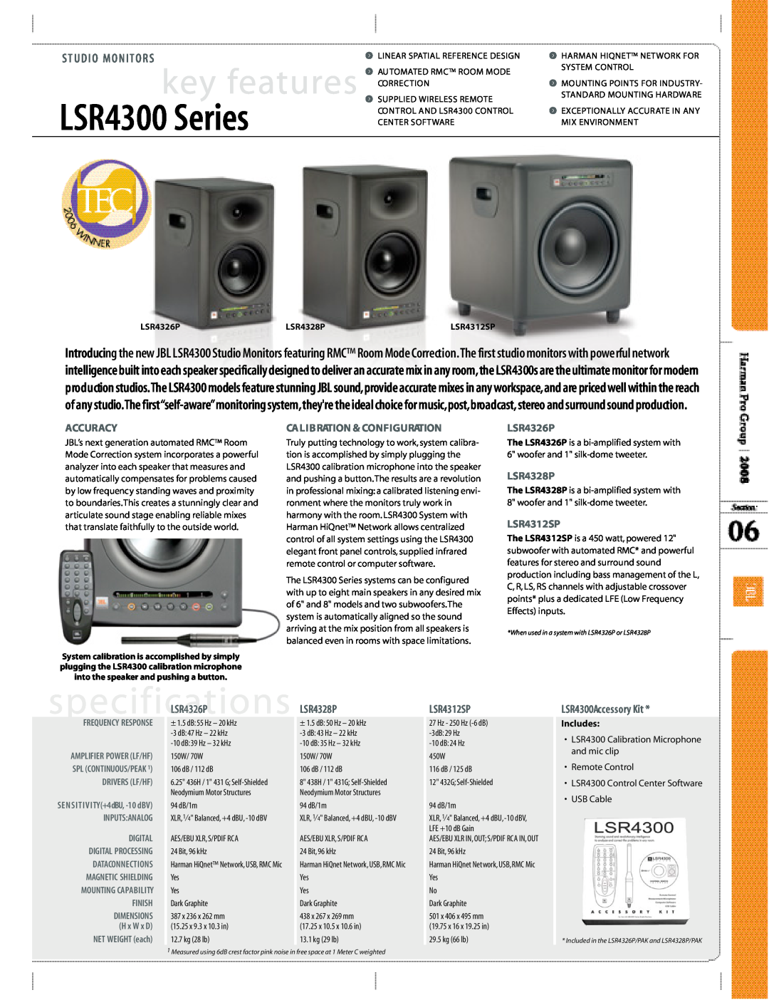 JBM electronic Studio Monitors LSR4300 Series, key features f, L S R 4 3 2 8 P, L S R 4 3 1 2 S P, LSR4300Accessory Kit 