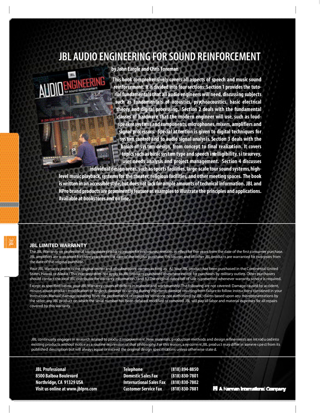 JBM electronic Studio Monitors Jbl Audio Engineering For Sound Reinforcement, by John Eargle and Chris Foreman, Telephone 