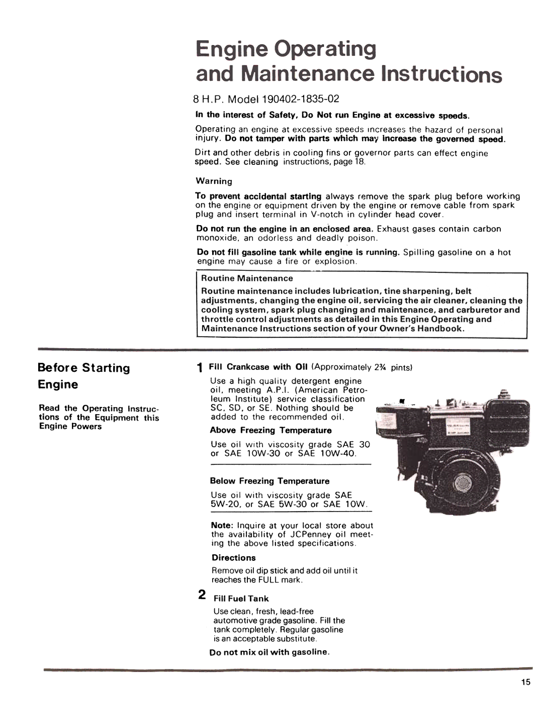 JC Penney 3032B manual Starting Engine, Before8~2Note1, Model 