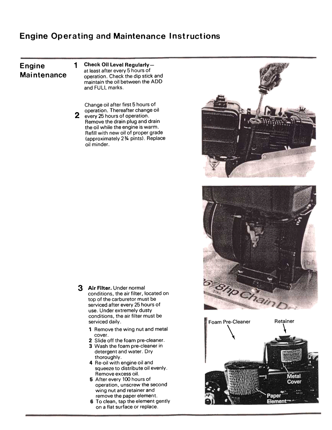 JC Penney 3032B Engine Operating and Maintenance I nst ructions, Engine Maintenance, Check Oil Level Regularly, Retainer 