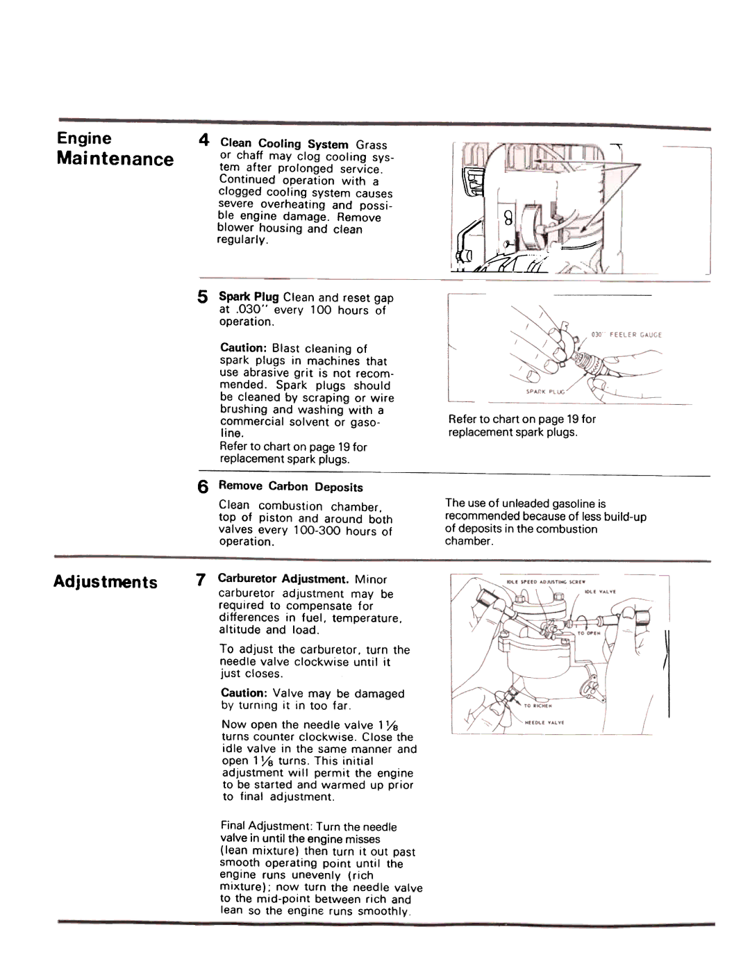 JC Penney 3032B manual Adjustments, Line, Remove Carbon Deposits, Refer to chart on page 19 for replacement spark plugs 