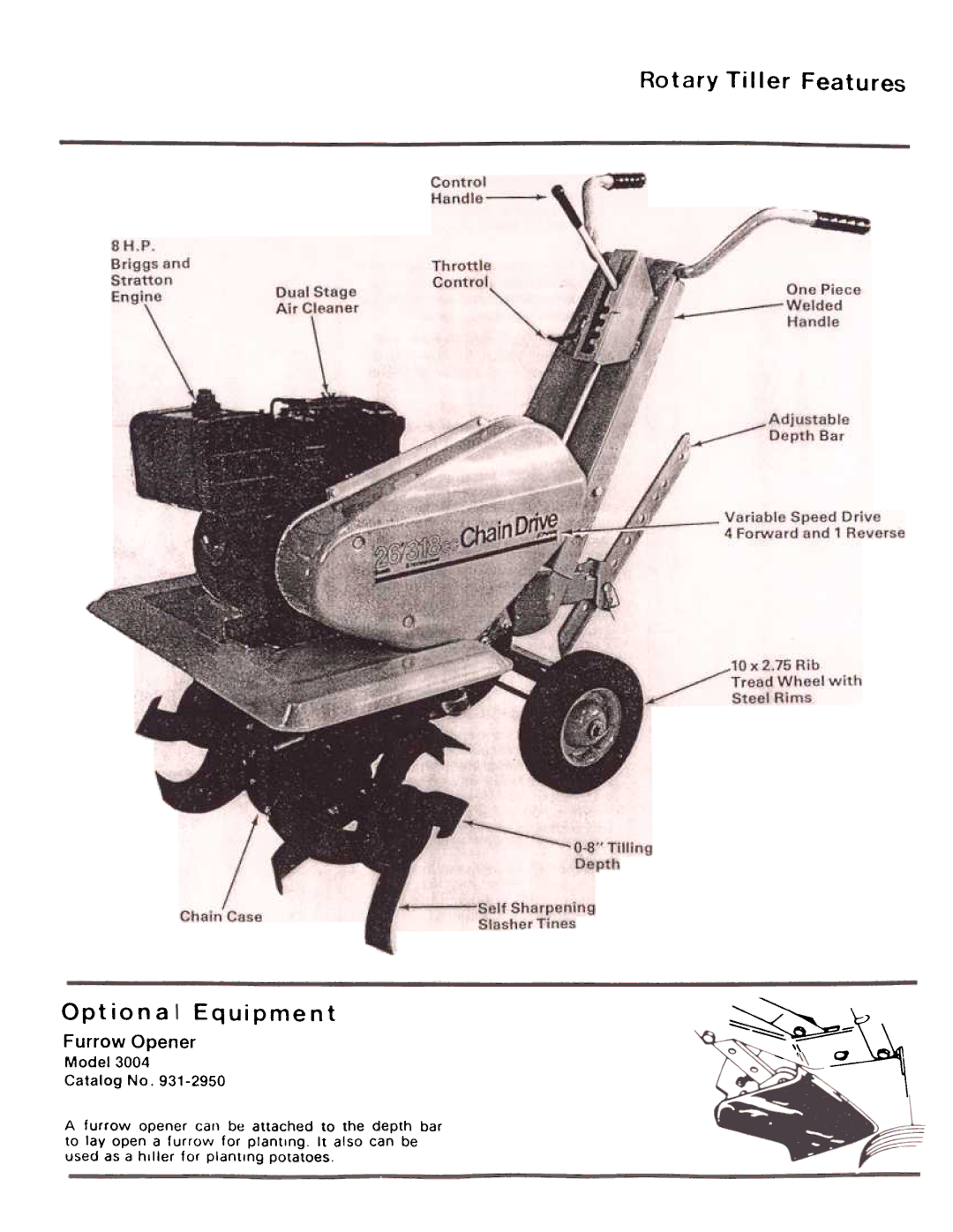 JC Penney 3032B manual Optiona Equipment, Rotary Tiller Features, Furrow Opener 