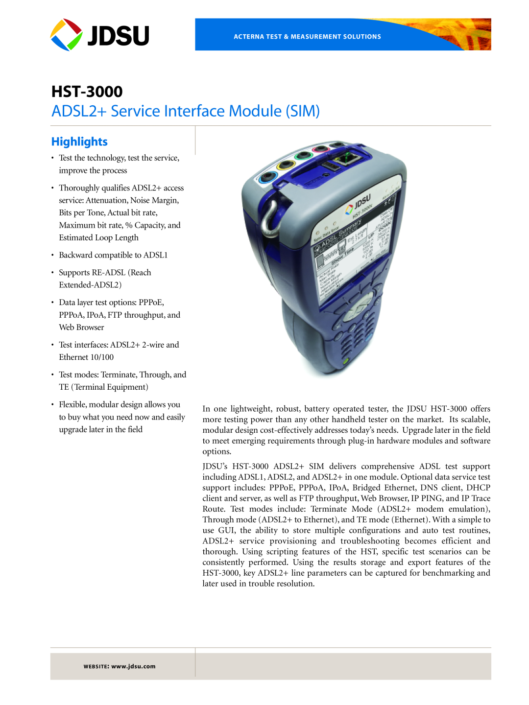 JDS Uniphase HST-3000 manual ADSL2+ Service Interface Module SIM, Highlights 