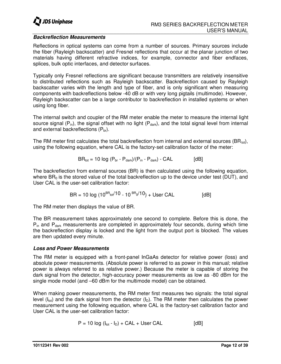 JDS Uniphase RM3750 user manual Backreflection Measurements, Loss and Power Measurements 