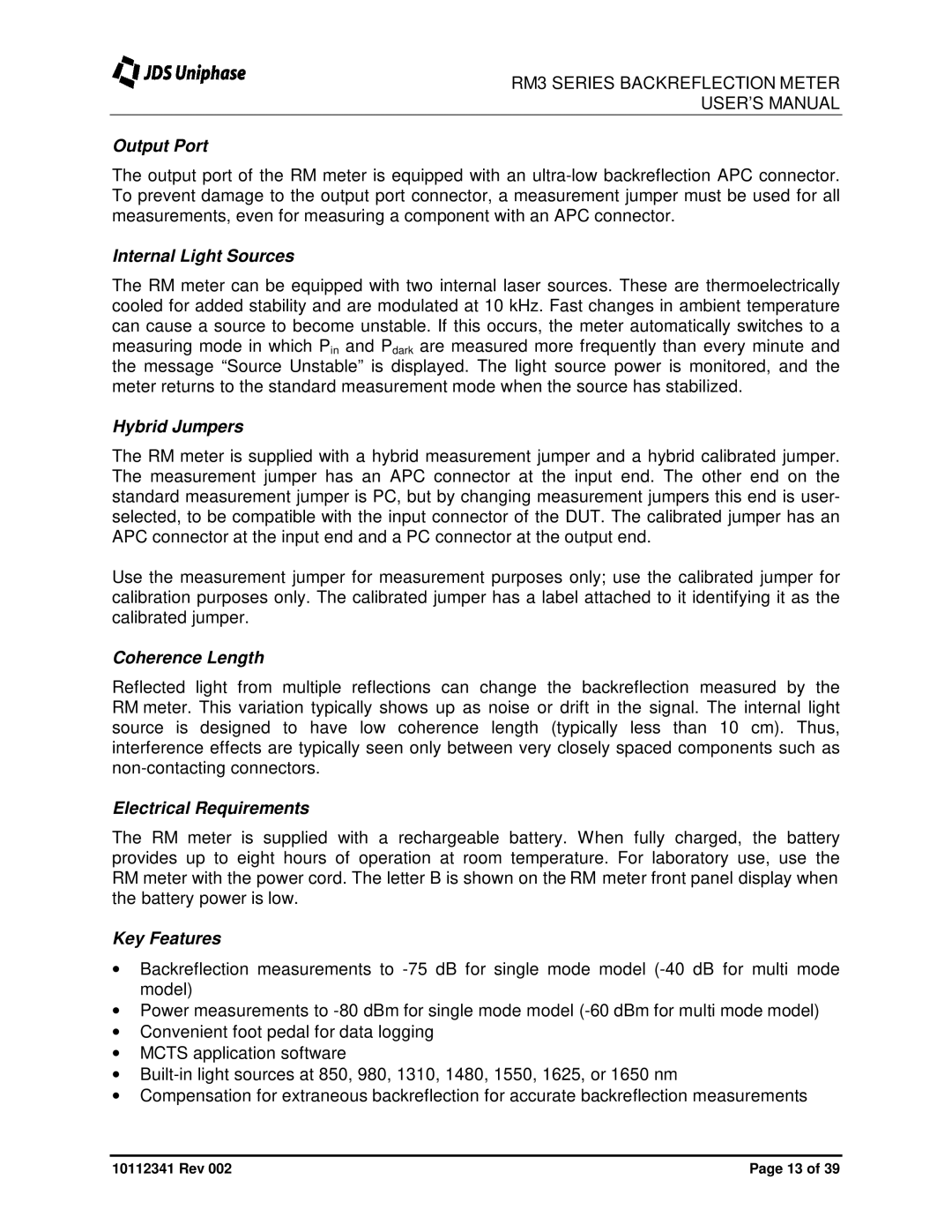 JDS Uniphase RM3750 Output Port, Internal Light Sources, Hybrid Jumpers, Coherence Length, Electrical Requirements 