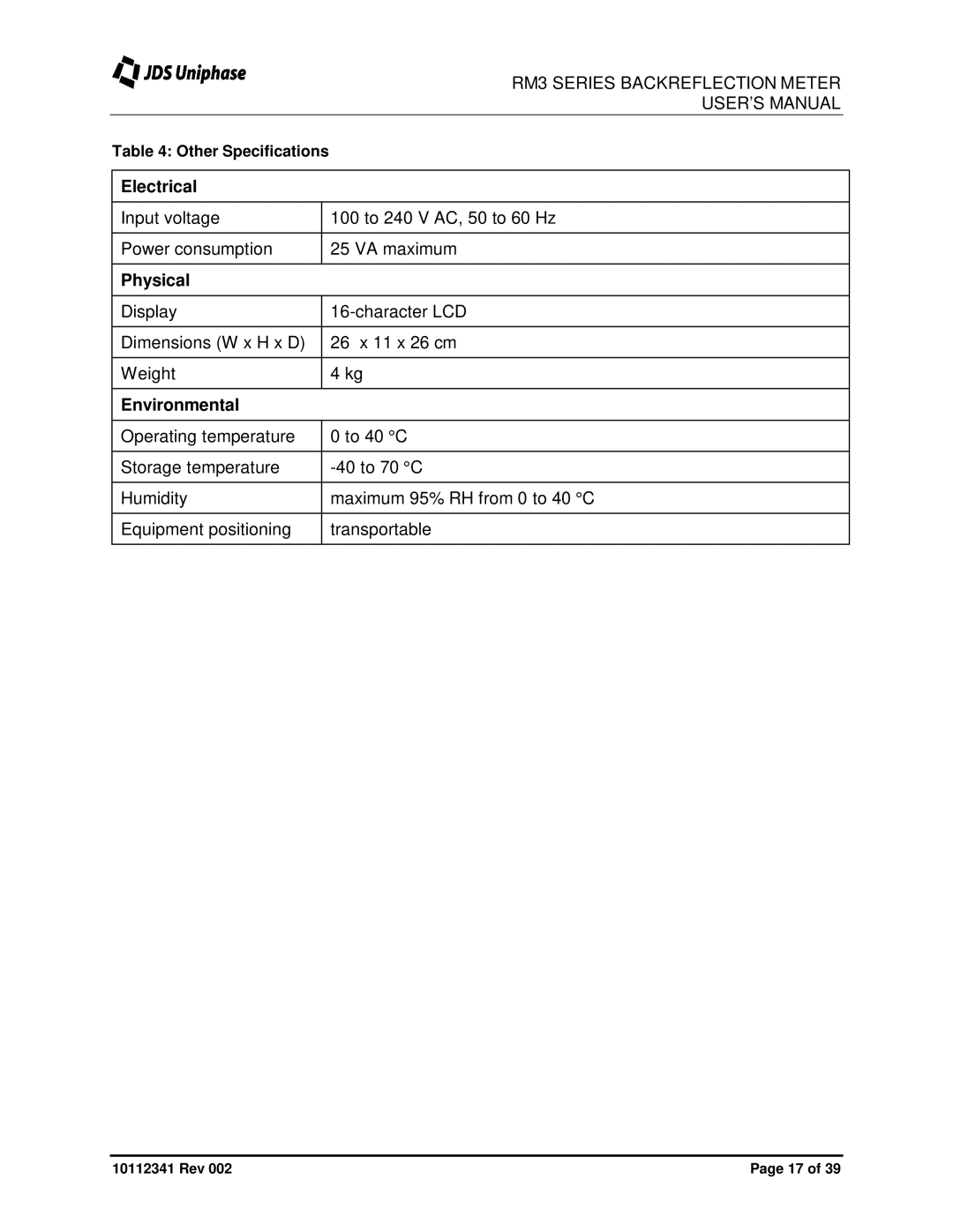 JDS Uniphase RM3750 user manual Electrical, Physical, Environmental 